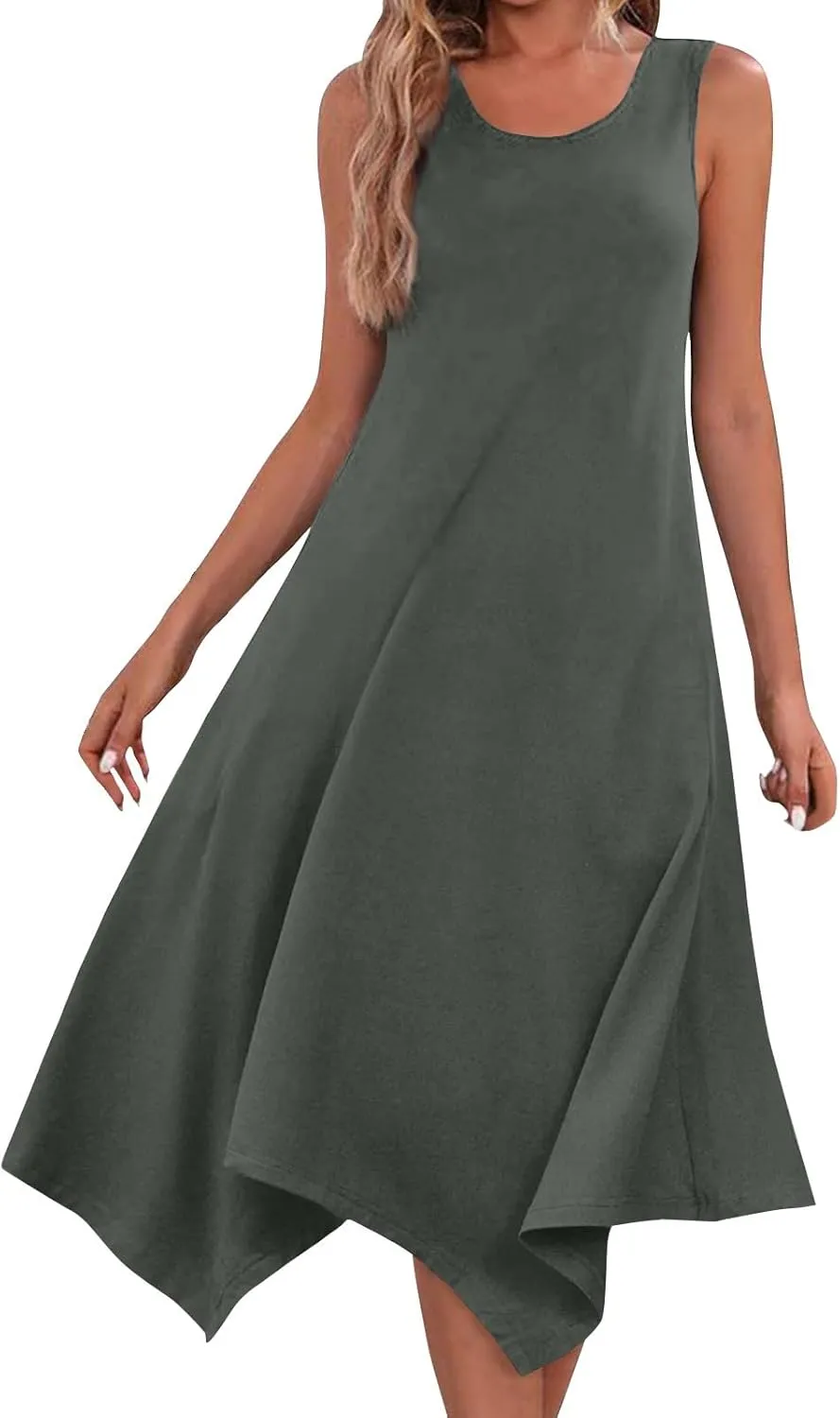 Summer Dresses for Women 2025 Sleeveless Scoop Neck Irregular Hem Midi Dress A-Line Flowy Vacation Tank Sundresses