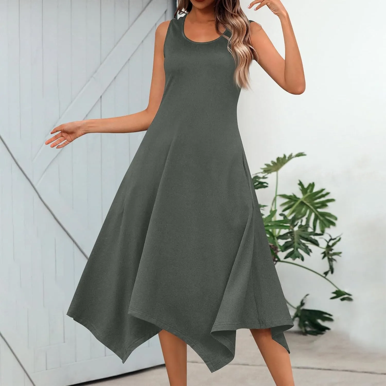 Summer Dresses for Women 2025 Sleeveless Scoop Neck Irregular Hem Midi Dress A-Line Flowy Vacation Tank Sundresses