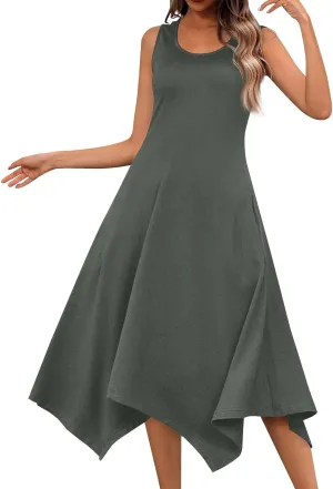 Summer Dresses for Women 2025 Sleeveless Scoop Neck Irregular Hem Midi Dress A-Line Flowy Vacation Tank Sundresses