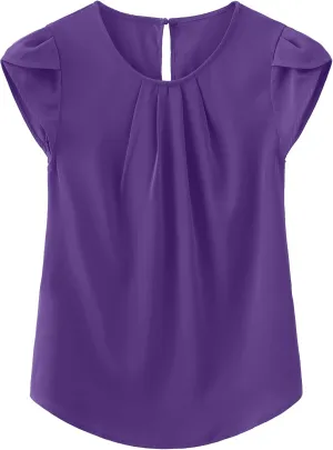 TASAMO Women's Casual Round Neck Basic Pleated Top Cap Sleeve Curved Keyhole Back Chiffon Blouse