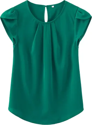 TASAMO Women's Casual Round Neck Basic Pleated Top Cap Sleeve Curved Keyhole Back Chiffon Blouse