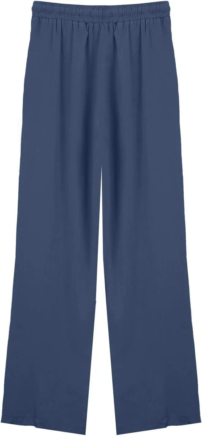 Wide Leg Linen Pants Women Palazzo Trousers Summer Casual Vacation Trousers Lounge Pant with Pockets