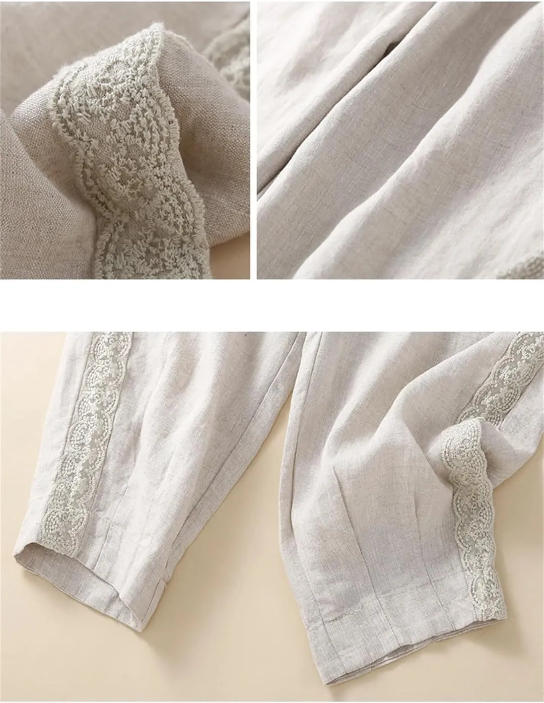 Women Casual Ankle-Length Pants Solid Cotton Linen Lace Elastic Waist Harem Pants
