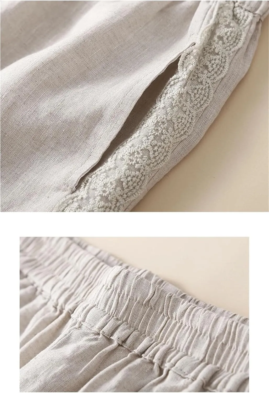Women Casual Ankle-Length Pants Solid Cotton Linen Lace Elastic Waist Harem Pants