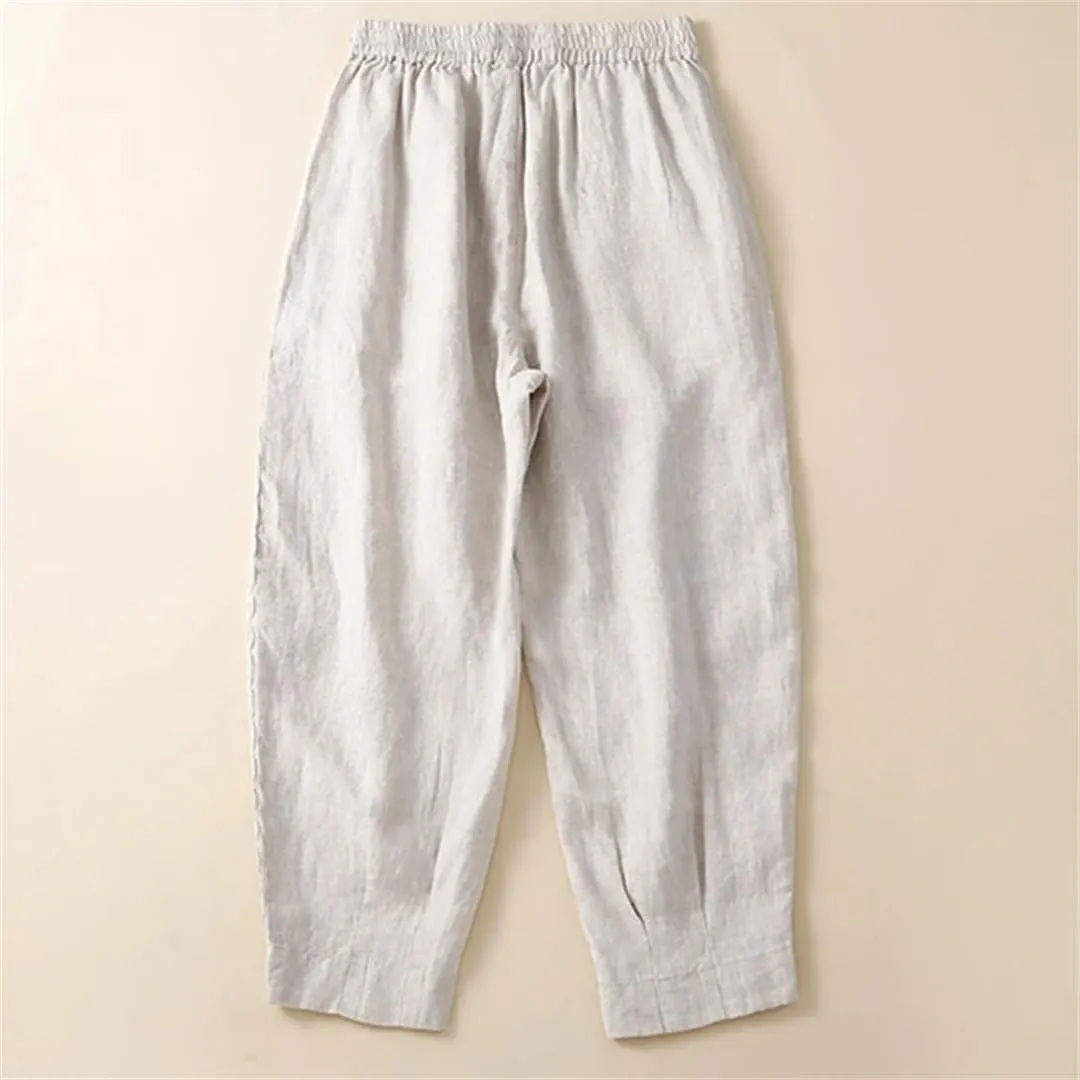 Women Casual Ankle-Length Pants Solid Cotton Linen Lace Elastic Waist Harem Pants
