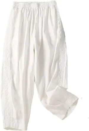 Women Casual Ankle-Length Pants Solid Cotton Linen Lace Elastic Waist Harem Pants