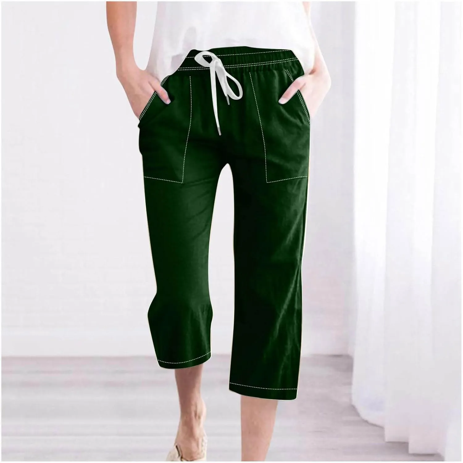Women Cotton Linen Capri Pants Summer Capris Straight Leg Trousers with Pocket High Waist Casual Dress Pant Solid Color