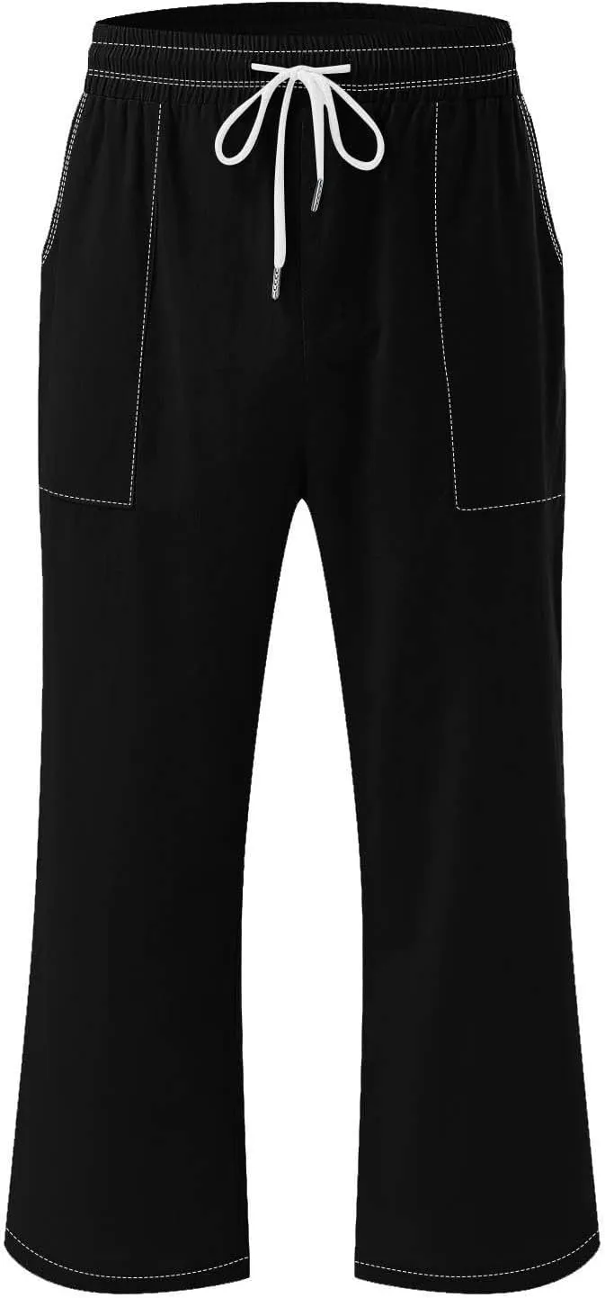 Women Cotton Linen Capri Pants Summer Capris Straight Leg Trousers with Pocket High Waist Casual Dress Pant Solid Color