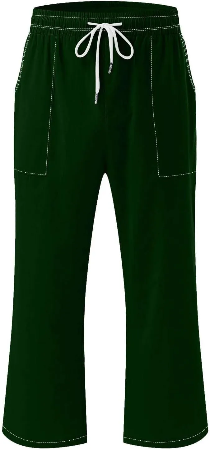 Women Cotton Linen Capri Pants Summer Capris Straight Leg Trousers with Pocket High Waist Casual Dress Pant Solid Color