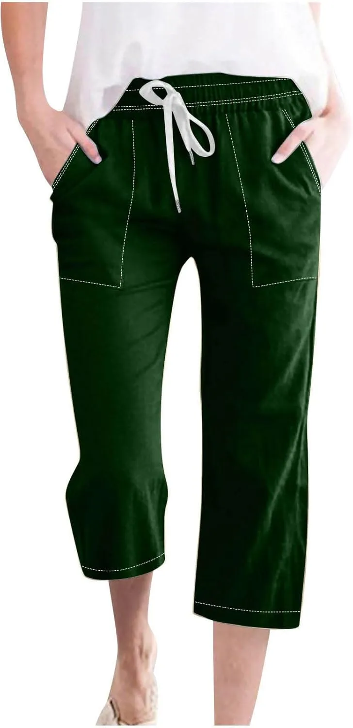 Women Cotton Linen Capri Pants Summer Capris Straight Leg Trousers with Pocket High Waist Casual Dress Pant Solid Color
