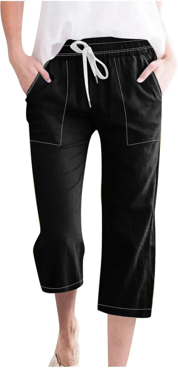 Women Cotton Linen Capri Pants Summer Capris Straight Leg Trousers with Pocket High Waist Casual Dress Pant Solid Color
