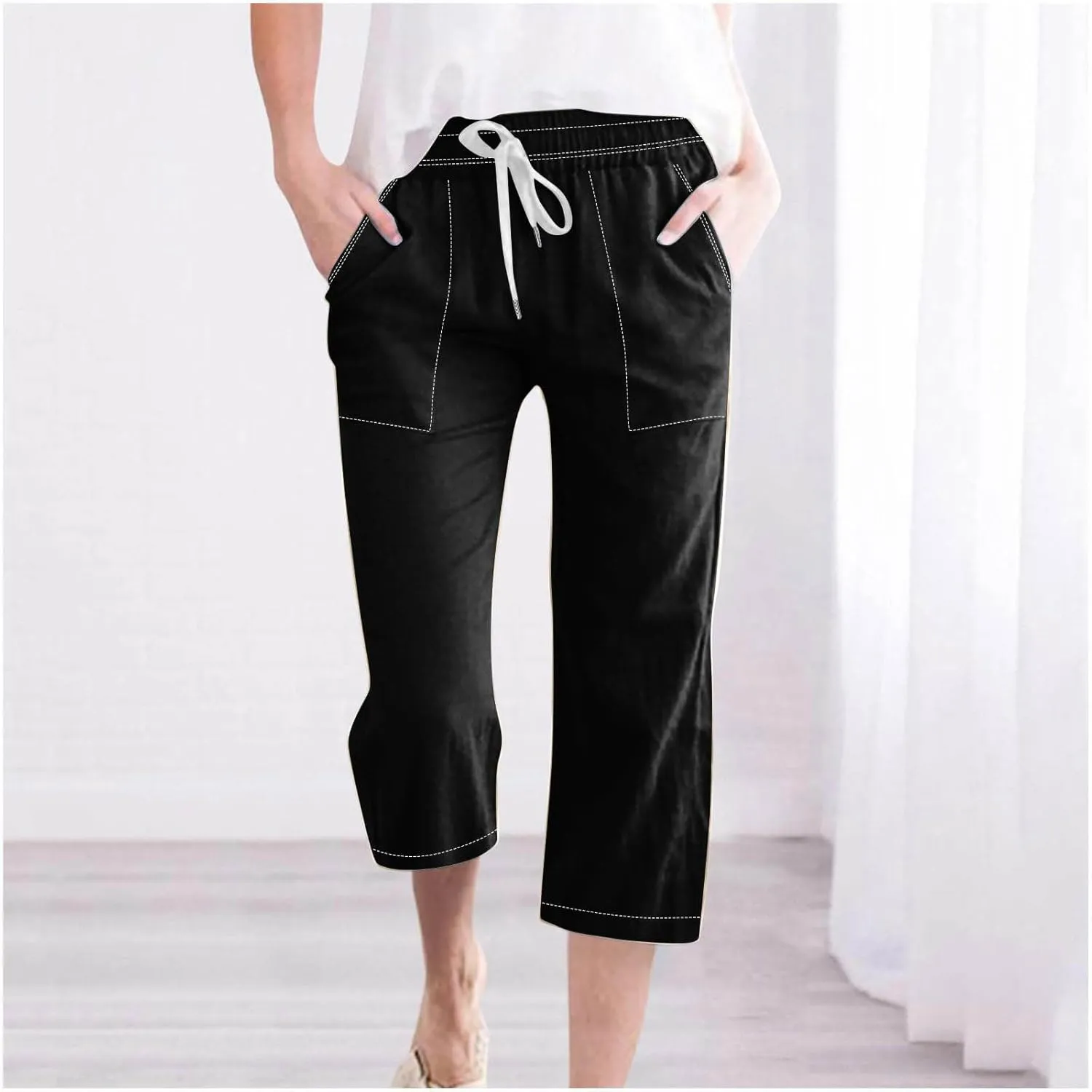 Women Cotton Linen Capri Pants Summer Capris Straight Leg Trousers with Pocket High Waist Casual Dress Pant Solid Color