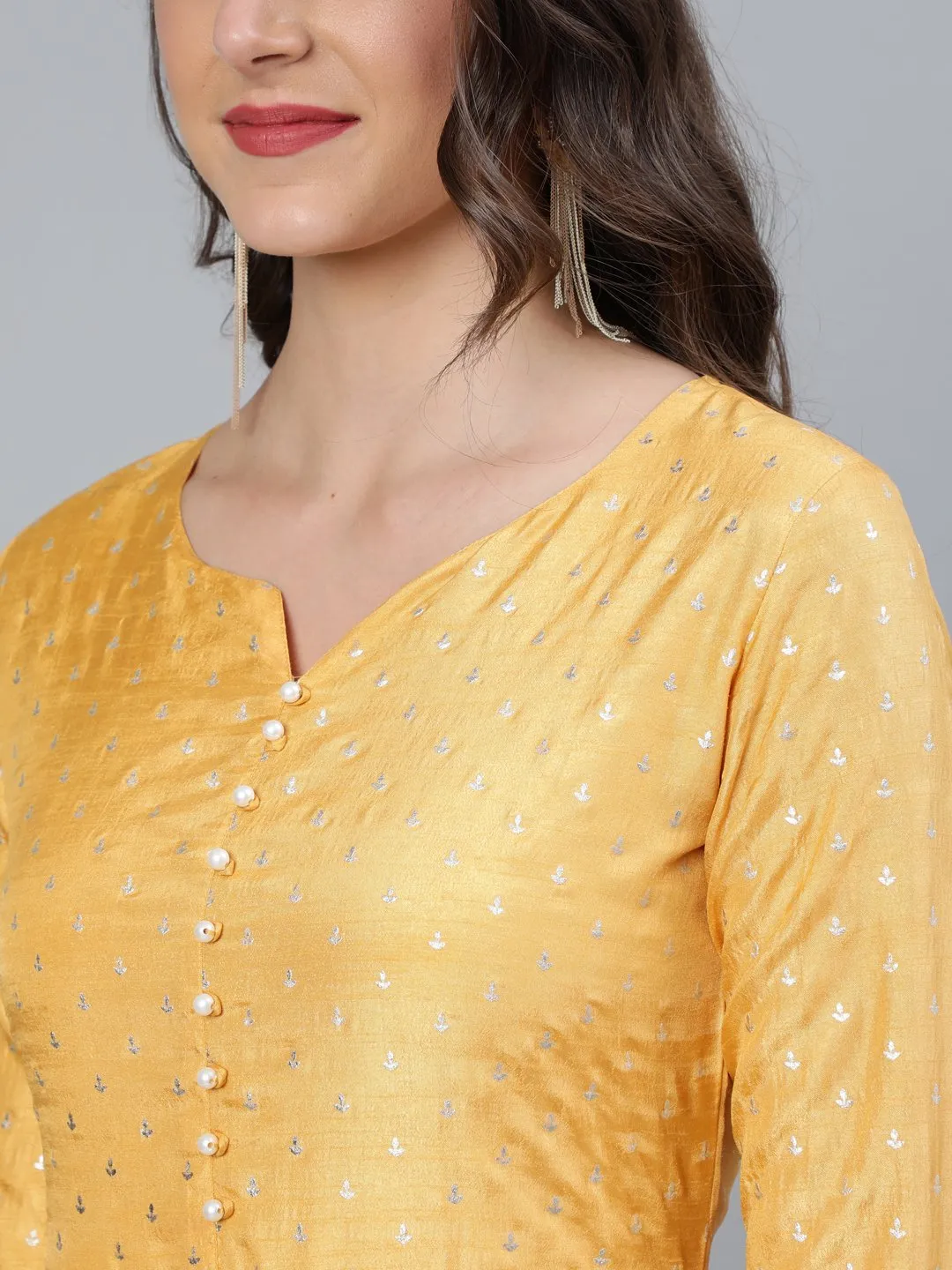 Women Mustard Foil Printed Maxi Dress With Embroidered Net Dupatta
