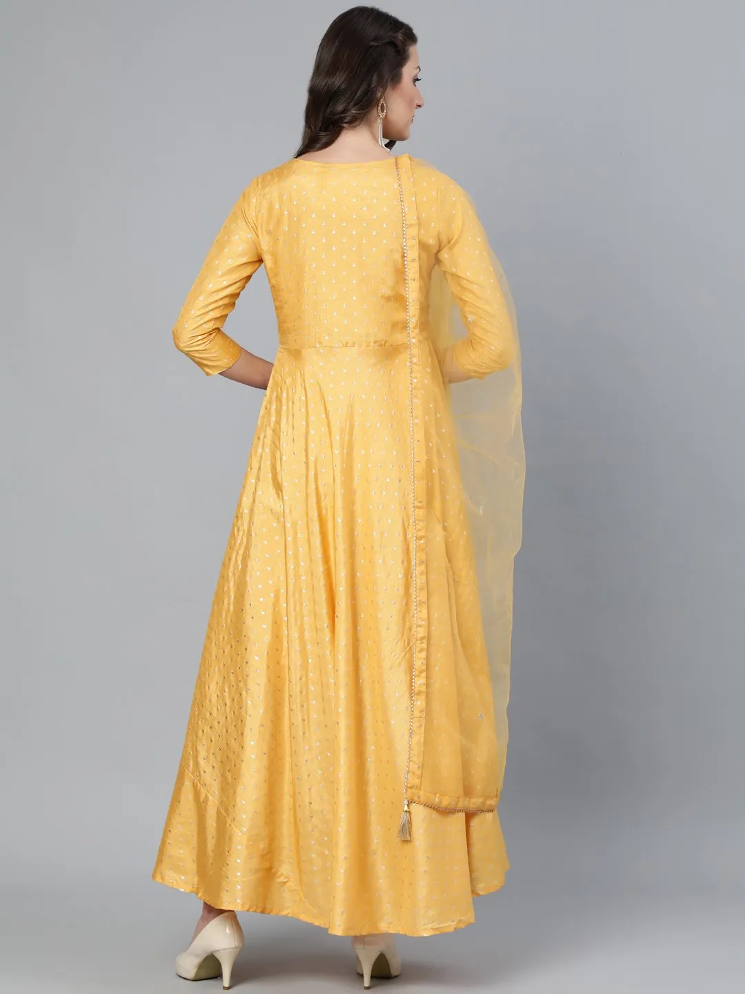 Women Mustard Foil Printed Maxi Dress With Embroidered Net Dupatta