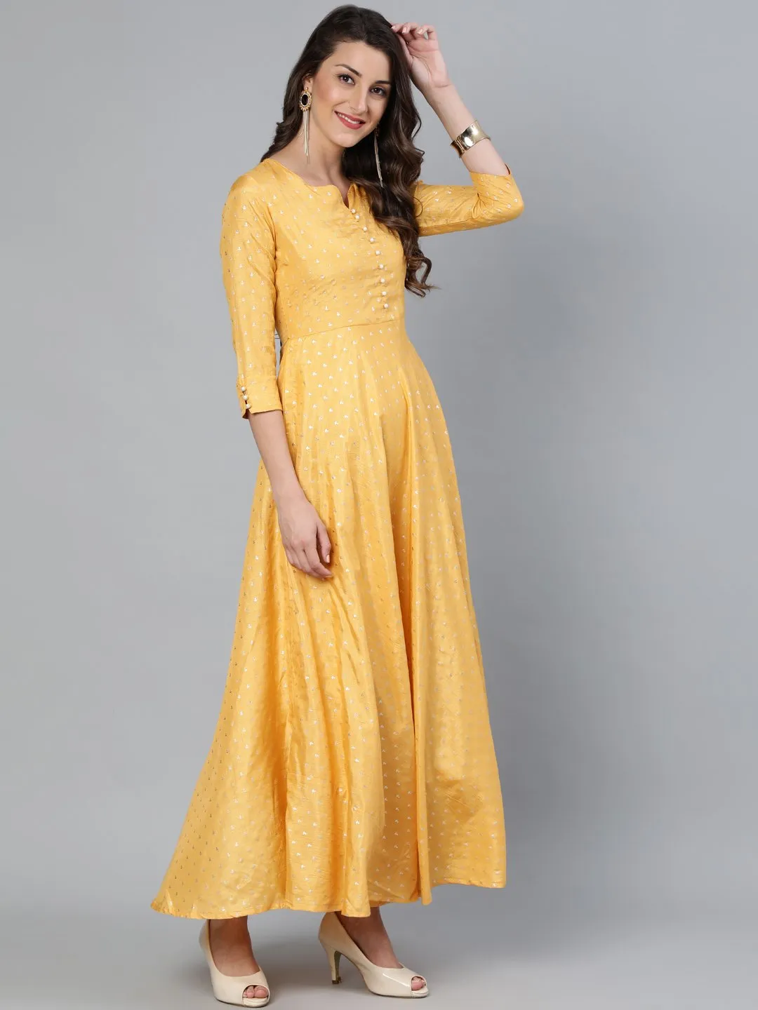 Women Mustard Foil Printed Maxi Dress With Embroidered Net Dupatta