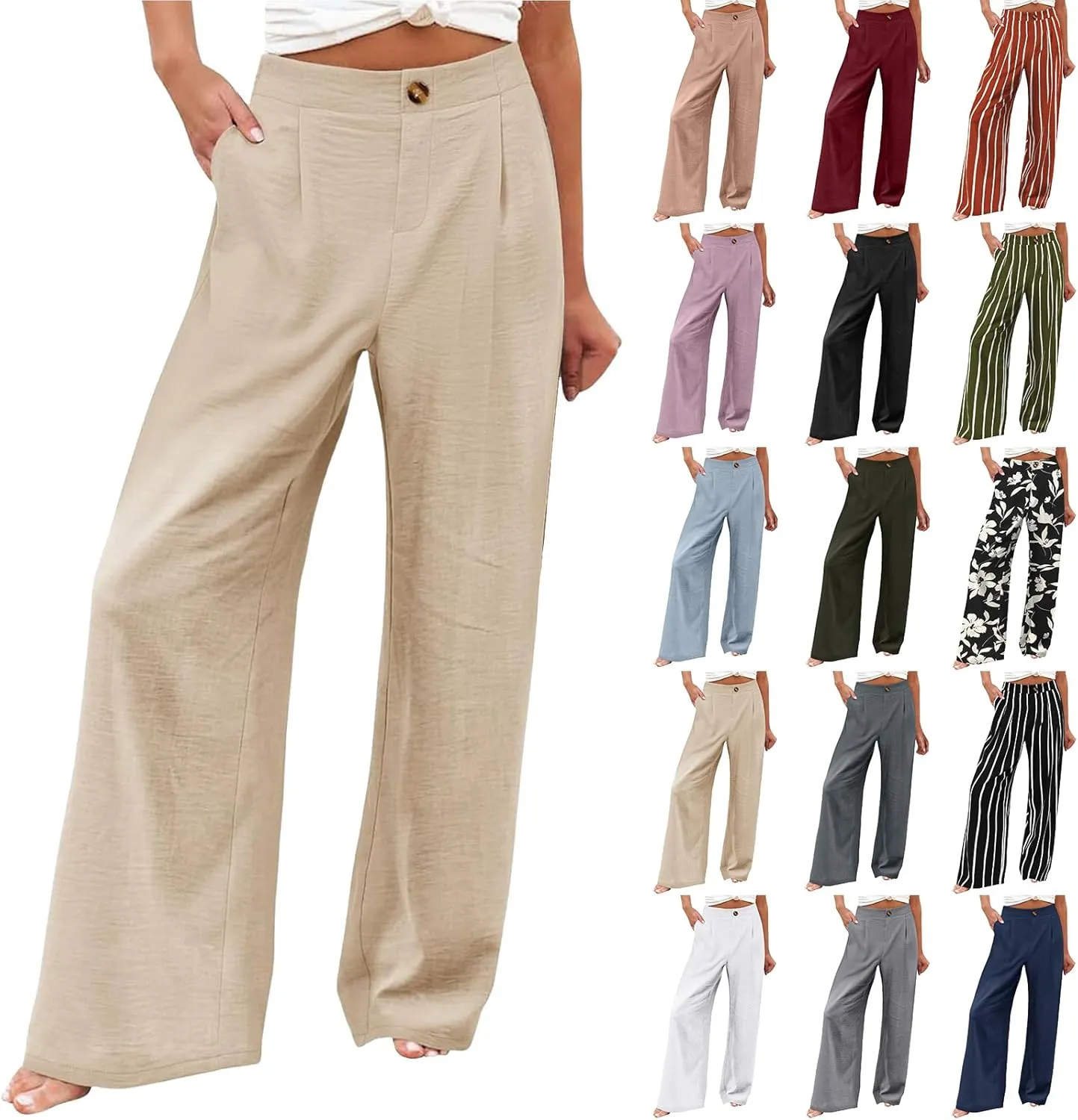Women's Dress Pants Cotton Linen Wide Leg Pants with Pockets Button Down Office Pleated Business Casual Work Trousers