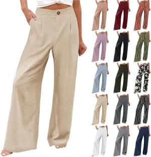 Women's Dress Pants Cotton Linen Wide Leg Pants with Pockets Button Down Office Pleated Business Casual Work Trousers