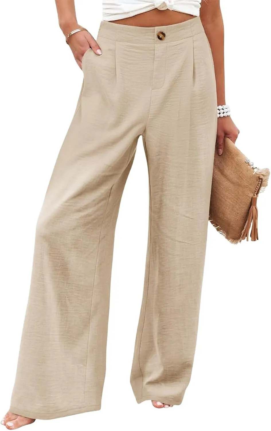 Women's Dress Pants Cotton Linen Wide Leg Pants with Pockets Button Down Office Pleated Business Casual Work Trousers