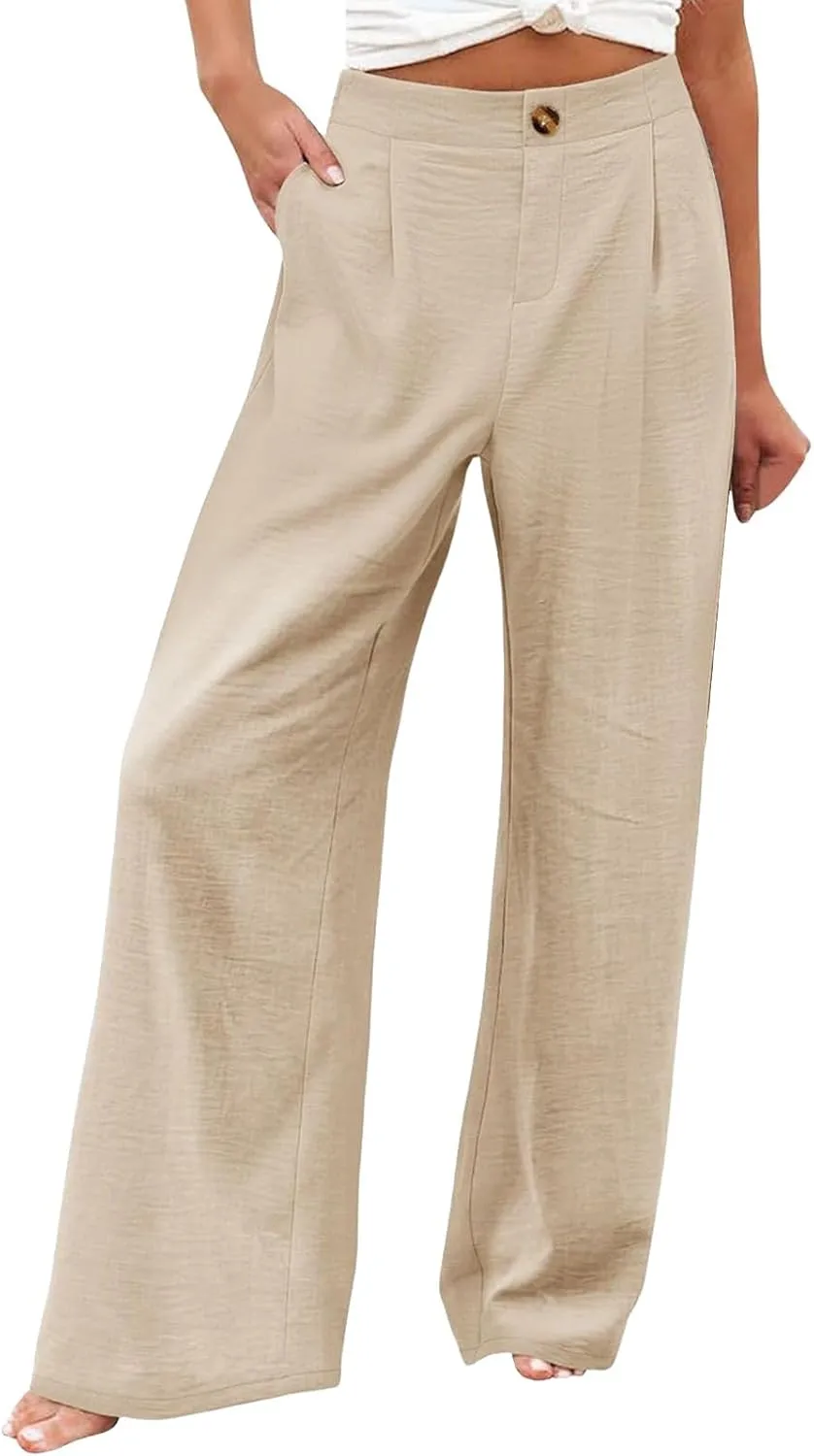 Women's Dress Pants Cotton Linen Wide Leg Pants with Pockets Button Down Office Pleated Business Casual Work Trousers
