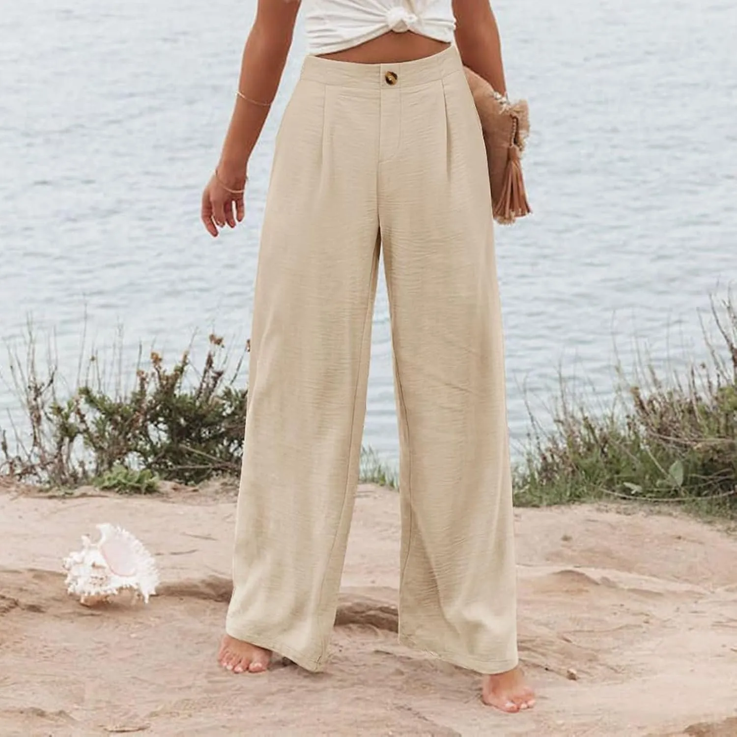 Women's Dress Pants Cotton Linen Wide Leg Pants with Pockets Button Down Office Pleated Business Casual Work Trousers
