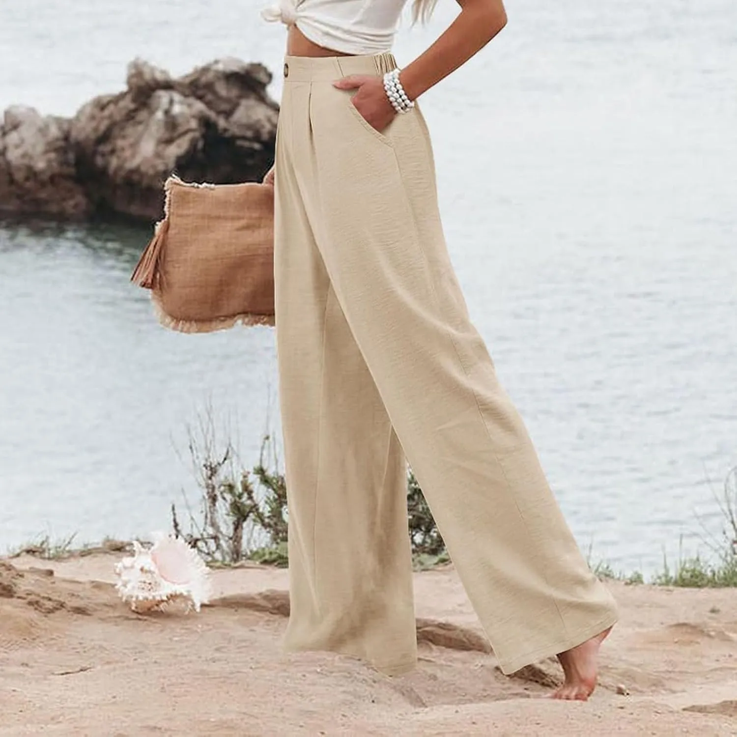 Women's Dress Pants Cotton Linen Wide Leg Pants with Pockets Button Down Office Pleated Business Casual Work Trousers