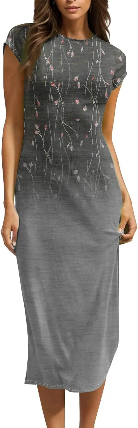 Women's Hawaiian Boho Short Sleeve Crew Neck Midi a Line Dress Beach Vacation Casual 2025 Dresses
