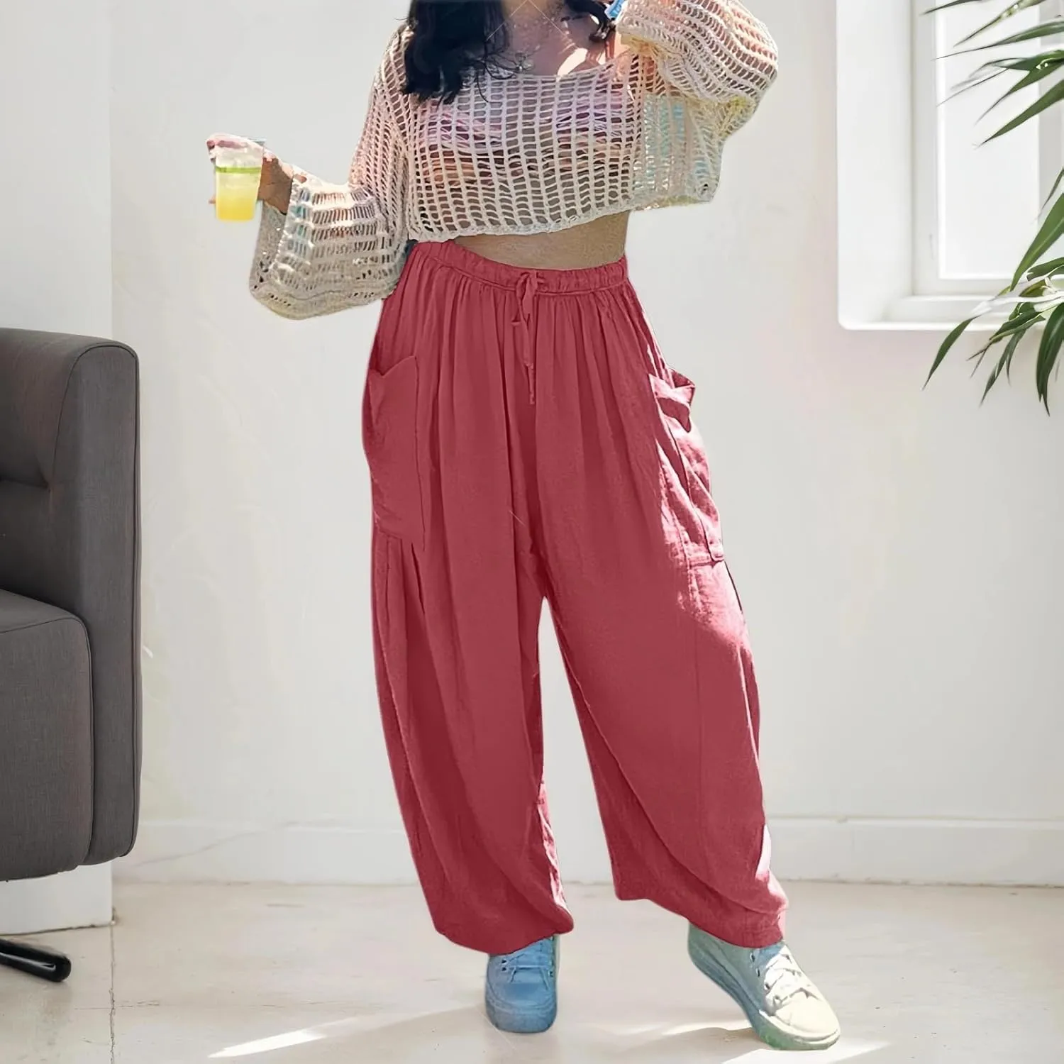 Womens Linen Wide Leg Pants Casual Elastic Waist Baggy Trousers Summer Boho Flowy Vacation Lounge Beach Pants with Pockets
