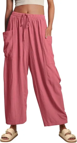 Womens Linen Wide Leg Pants Casual Elastic Waist Baggy Trousers Summer Boho Flowy Vacation Lounge Beach Pants with Pockets